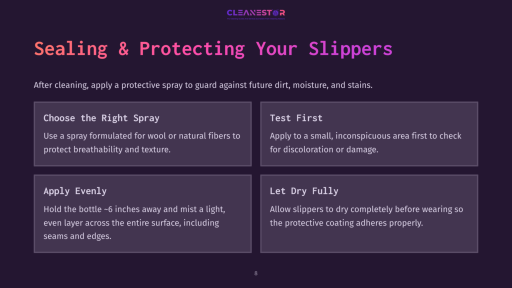 Four Panels Detail How To Seal And Protect Slippers: &Quot;Choose The Right Spray,&Quot; &Quot;Test First,&Quot; &Quot;Apply Evenly,&Quot; And &Quot;Let Dry Fully.