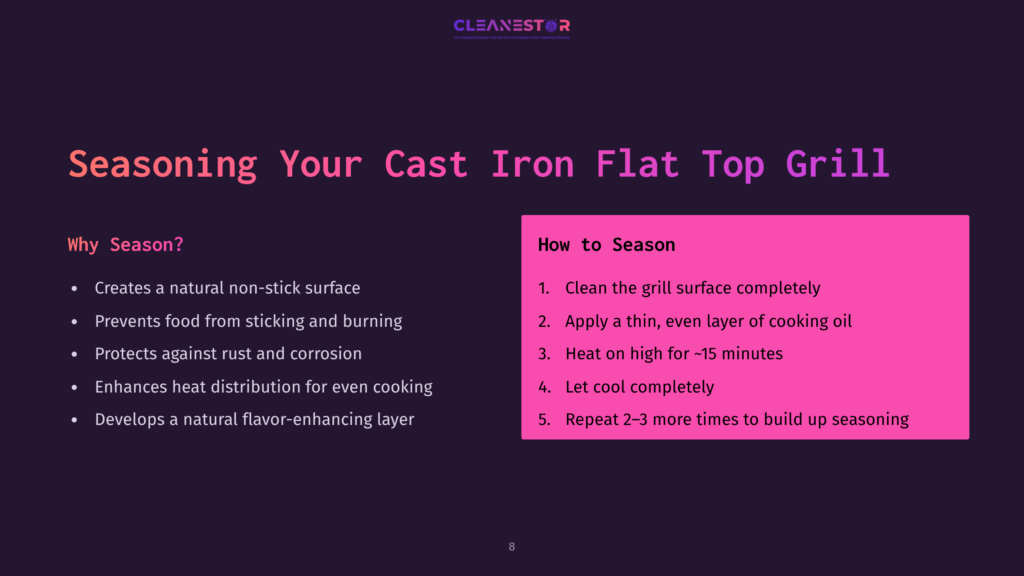 Instructions For Seasoning A Cast Iron Flat Top Grill On A Dark Background With Pink Text. Key Steps Include Cleaning, Applying Oil, And Cooling.