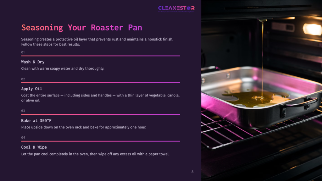 A Roaster Pan In An Oven With Oil Inside, Alongside Instructions For Seasoning, Featuring A Dark Background And Pink Highlights.