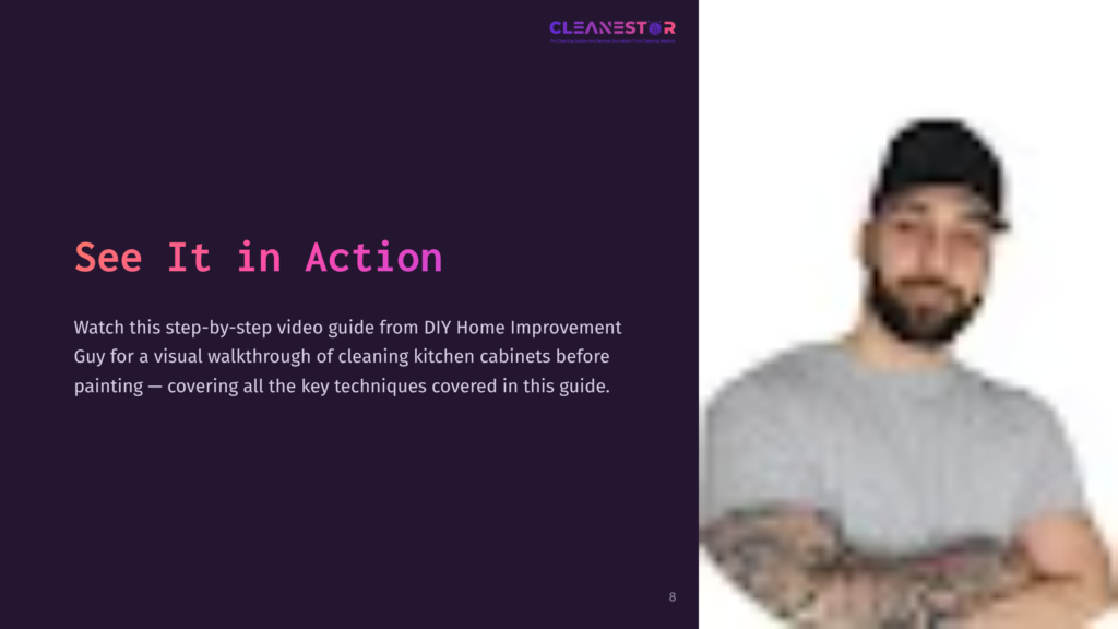 A Smiling Man With A Beard Is Shown On The Right Against A Purple Background, Promoting A Video Guide For Cleaning Kitchen Cabinets.