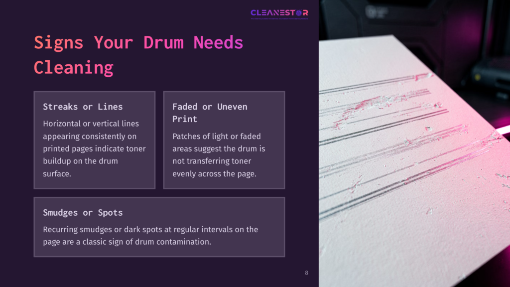 8 Signs Your Drum Needs Cleaning Close-Up Of A Printer Drum With Streaks Of Pink And Grey Toner Residue, Indicating A Need For Cleaning. Text Overlay Lists Signs Like &Quot;Streaks Or Lines,&Quot; &Quot;Faded Or Uneven Print,&Quot; And &Quot;Smudges Or Spots.