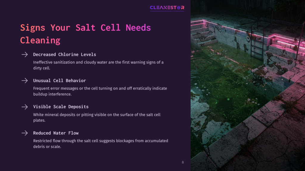 A Pool With Green, Cloudy Water And Visible Debris Shows Signs Of Neglect, With Highlighted Steps Leading To The Water'S Edge.