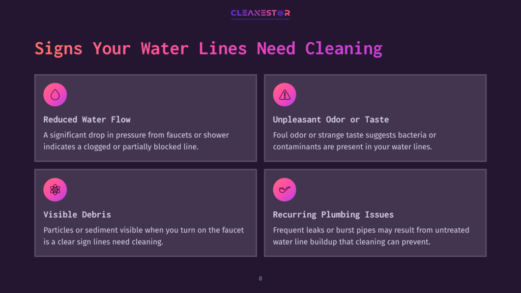 Infographic Detailing Signs Your Water Lines Need Cleaning: Reduced Water Flow, Unpleasant Odor Or Taste, Visible Debris, And Recurring Plumbing Issues.