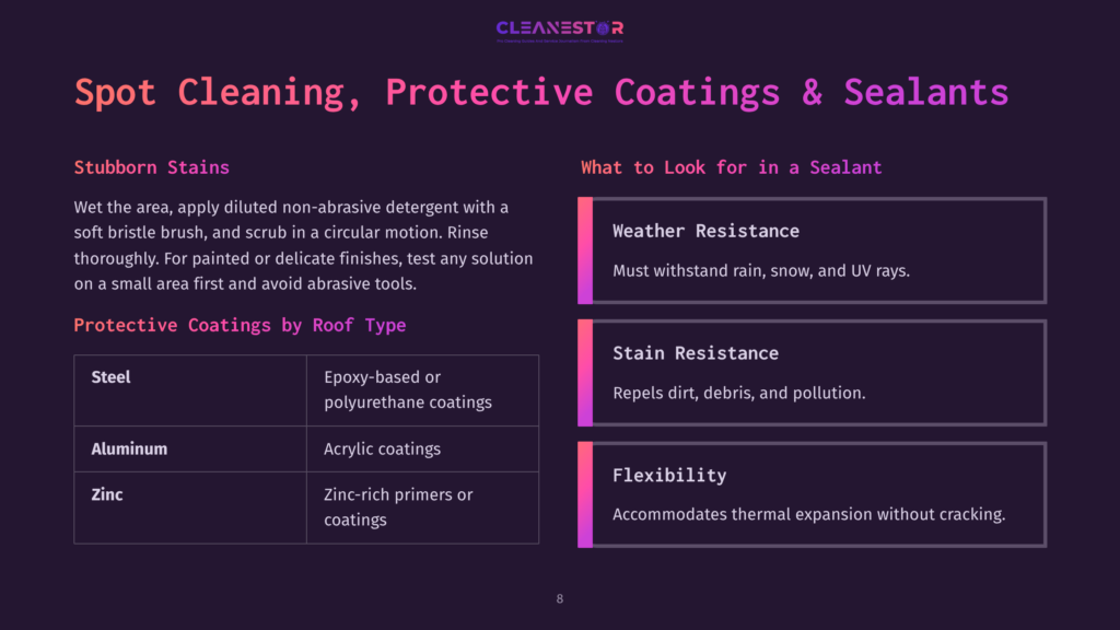 8 Spot Cleaning Protective Coatings And Sealants A Slide Titled &Quot;Spot Cleaning, Protective Coatings &Amp; Sealants&Quot; With Sections On &Quot;Stubborn Stains,&Quot; &Quot;Protective Coatings By Roof Type&Quot; (Steel, Aluminum, Zinc), And &Quot;What To Look For In A Sealant&Quot; (Weather Resistance, Stain Resistance, Flexibility).