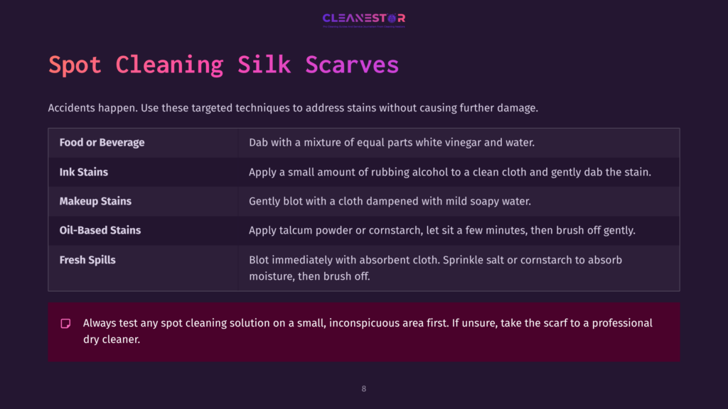 On A Dark Purple Background, Text Outlines Steps To Clean Silk Scarves Using Vinegar, Rubbing Alcohol, Makeup Stain Removers, And Cornstarch.