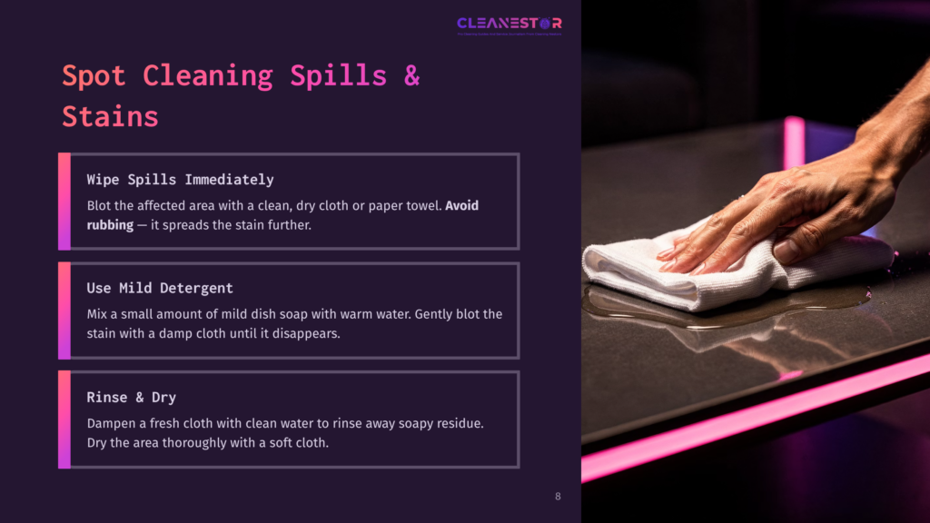 Close-Up Of A Hand Gently Wiping A Spill On A Dark, Reflective Surface With A White Microfiber Cloth. Instructions For Spot Cleaning Spills And Stains Are Visible On The Left.