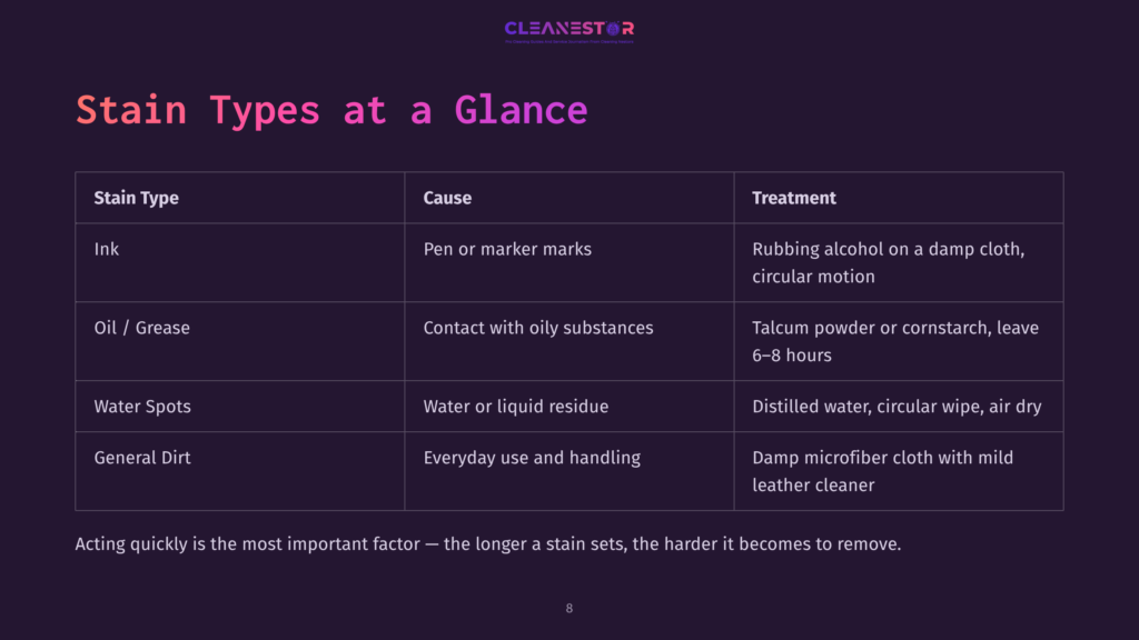 A Table With Three Columns: Stain Type, Cause, And Treatment. Stain Types Include Ink, Oil/Grease, Water Spots, And General Dirt, With Their Respective Causes And Treatments Listed.