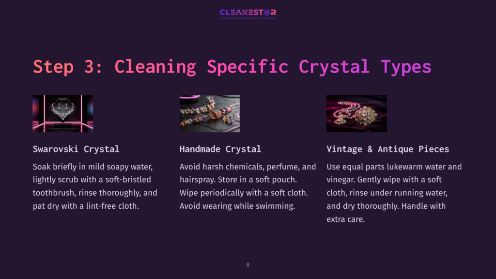 Three Sections On Cleaning Crystal Jewelry, Featuring Text Descriptions With Colorful Icons; Background In Dark Purple.