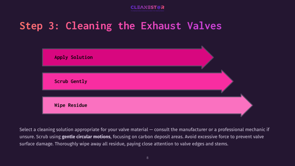Step 3: Cleaning The Exhaust Valves. Three Horizontal Pink And Magenta Arrows Indicate Steps: Apply Solution, Scrub Gently, Wipe Residue. Text Below Advises Consulting Manufacturer For Cleaning Solutions.