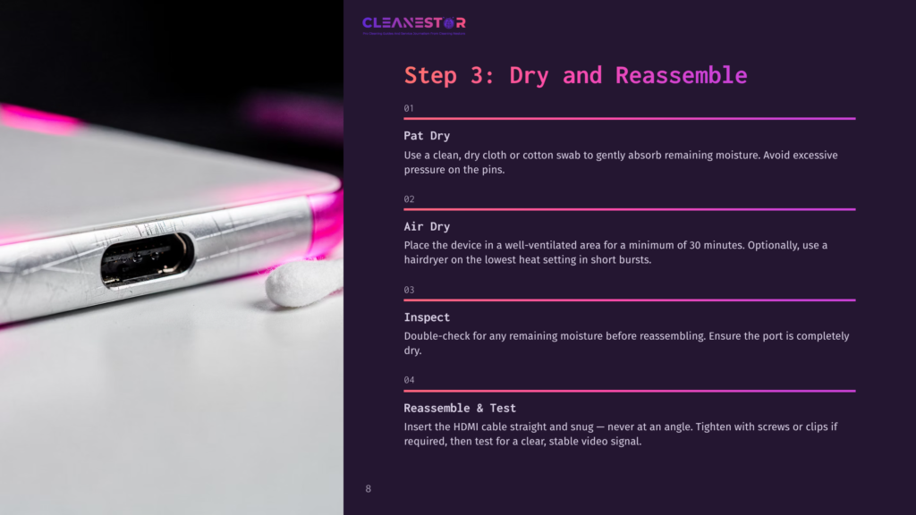Close-Up Of A Smartphone'S Charging Port And Headphone Jack With A White Cotton Swab, Illustrating The &Quot;Pat Dry&Quot; Step In A Cleaning Guide.