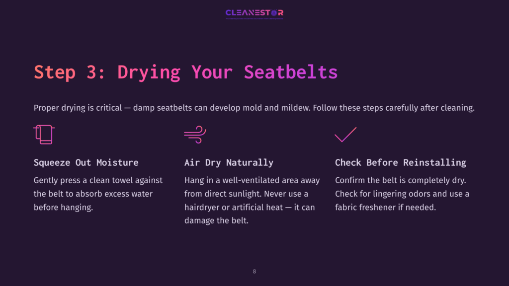 Step 3: Drying Your Seatbelts. Icons Show Squeezing Moisture, Air Drying, And Checking Before Reinstallation. Proper Drying Prevents Mold And Mildew.