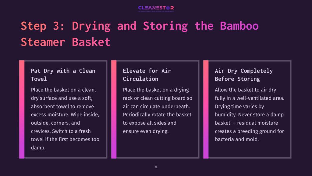 A Dark Background With Bright Pink And White Text Outlining Steps For Drying And Storing A Bamboo Steamer Basket, With Icons For Clarity.