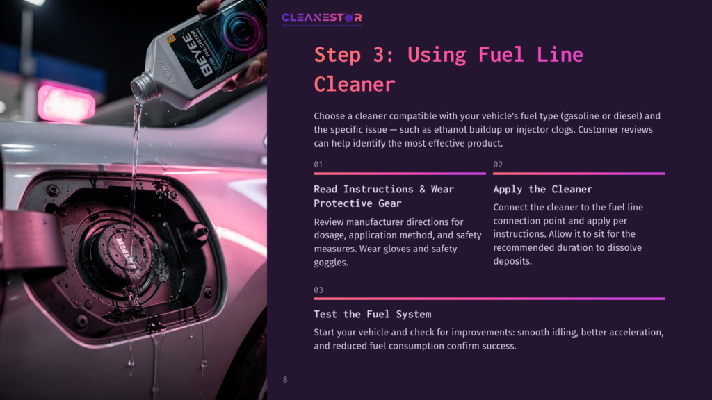 A Person Pours Fuel Line Cleaner From A Bottle Into A Vehicle’s Fuel Line, With A Focus On Safety Gear And Clear Instructions.