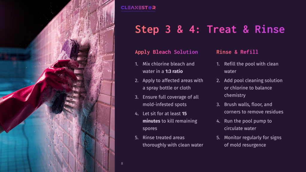 A Hand Wearing A Pink Glove Scrubs A Tiled Wall With A Brush, Alongside Cleaning Instructions Highlighted In Purple And White Text.