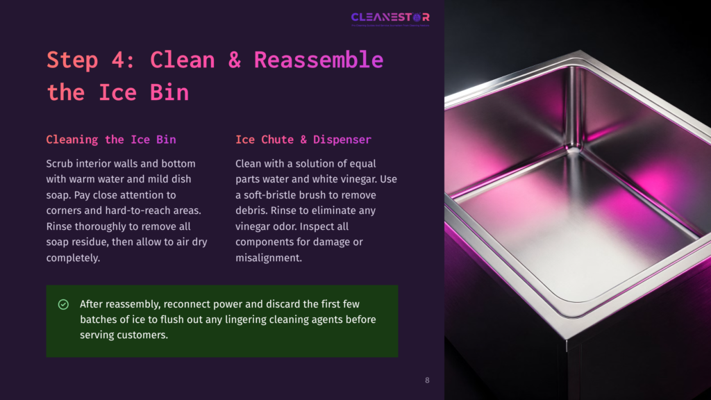 Cleanestor Logo Above Instructions For Cleaning And Reassembling An Ice Bin, With A Close-Up Of A Clean, Gleaming Stainless Steel Ice Bin In The Background.