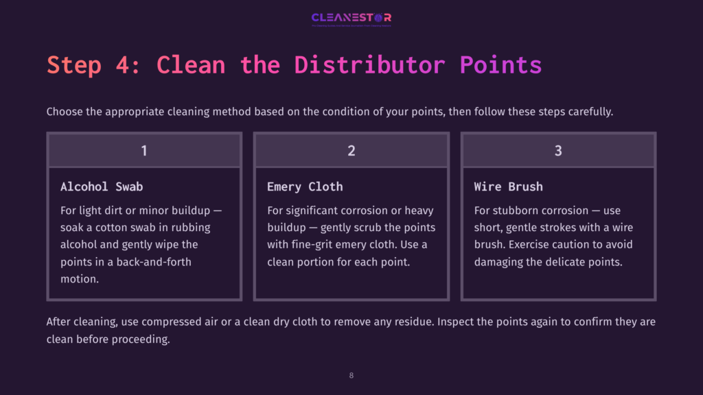 Step 4 Of Cleaning Distributor Points, Featuring Three Methods: Alcohol Swab, Energy Cloth, And Wire Brush, With Bullet Points For Instructions.