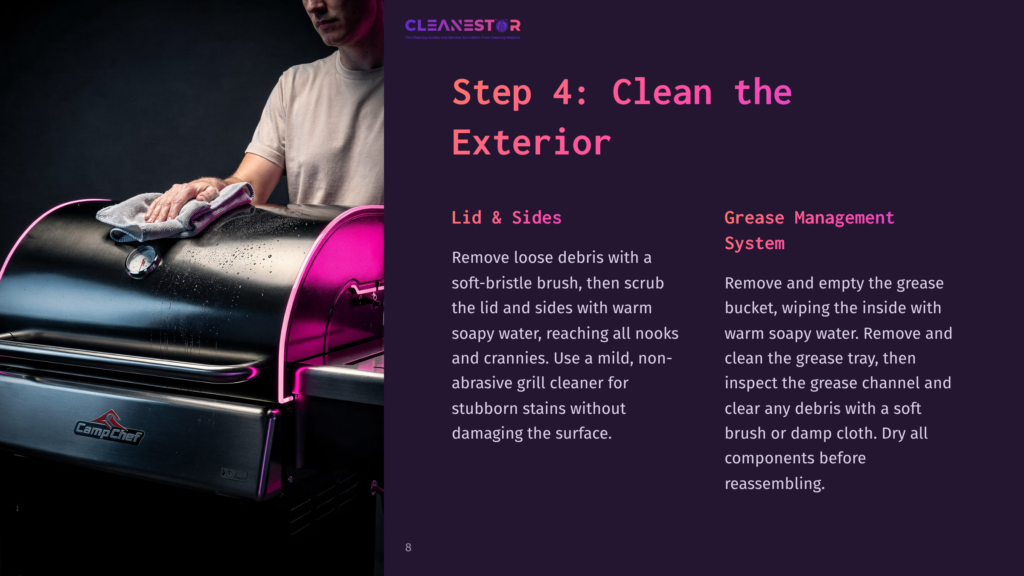 Step 4: Clean The Exterior. Man Wipes Down A Shiny Black Grill With A White Cloth, Showing How To Clean A Grill.