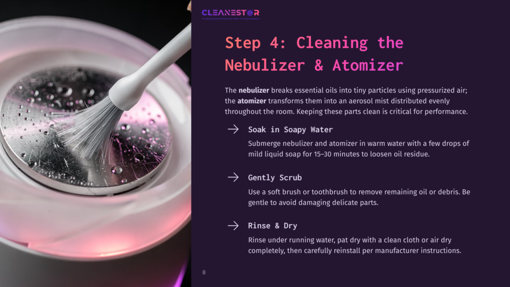 A Close-Up Of A Diffuser'S Water Tank With A Brush Cleaning The Metal Atomizer, Surrounded By Soapy Water And A Soft Towel.