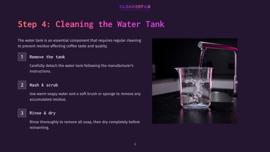 A Clear Glass Measuring Cup Filled With Water Is Being Poured Into A Nespresso Inissia Water Tank, Placed On A Dark Countertop.