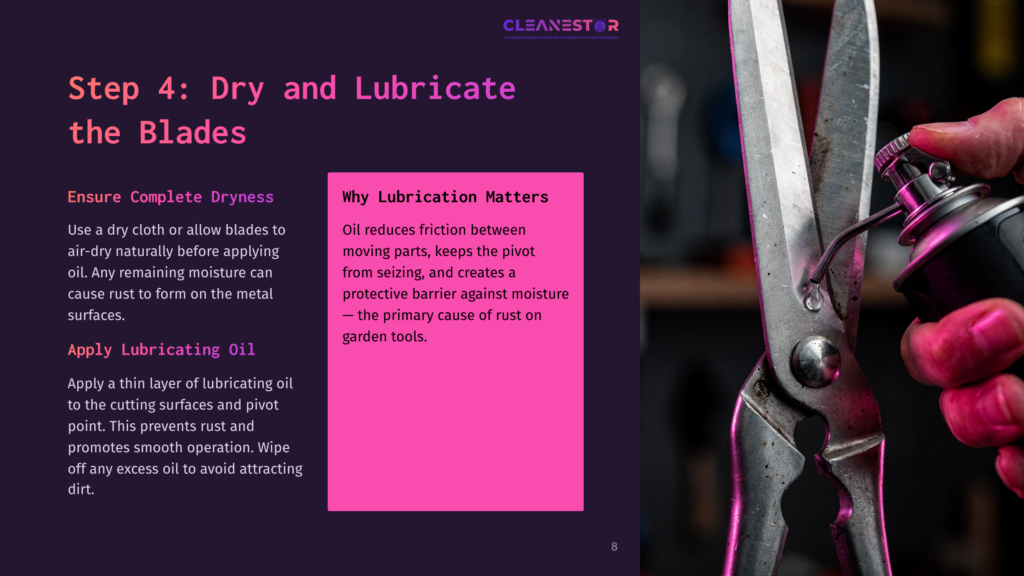 Close-Up Of A Pair Of Shiny Silver Hedge Shears With A Black Background, Featuring A Pink Panel With Text About Lubrication Techniques.