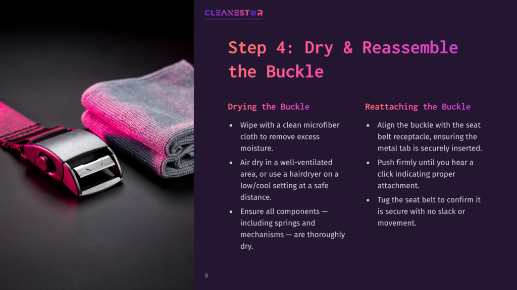 Seat Belt Buckle Next To A Gray Cloth, With Instructions On Cleaning And Reassembling The Buckle In Purple And White Text.