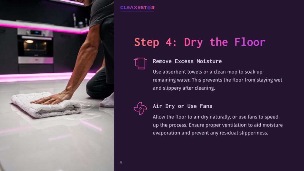 A Person Drying A Wet Floor With A Towel In A Kitchen With Pink Led Lighting, Illustrating A Cleaning Process.