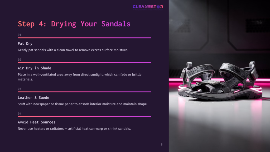 8 Step 4 Drying Your Sandals Step 4: Drying Your Sandals. Close-Up Of Dark Grey Velcro Sandals With Pink Accents, Resting On A Dark Surface With Subtle Pink Lighting.