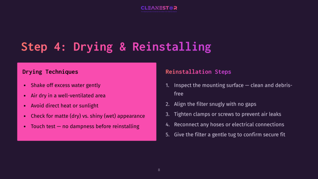 A Vibrant Pink Box Outlines Drying Techniques Alongside A Dark Background, With Steps For Reinstallation In Clear White Text.