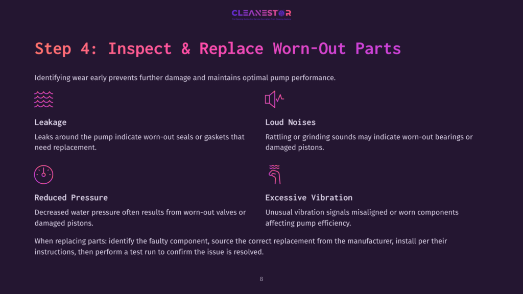 8 Step 4 Inspect And Replace Worn Out Parts Text On A Dark Background Outlines Steps For Inspecting And Replacing Worn-Out Parts, Highlighting Issues Like Leaks, Noise, And Vibration.