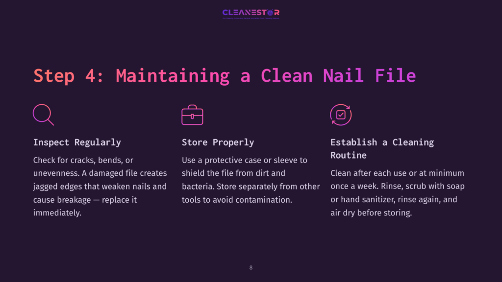 Four-Step Visual Guide With Purple And White Text Outlining Nail File Maintenance Tips, Including Inspection, Storage, And Cleaning Routine.
