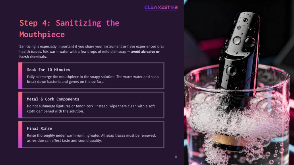 8 Step 4 Sanitizing The Mouthpiece Close-Up Of A Black Mouthpiece Being Sanitized In A Glass Of Bubbly, Soapy Water. Instructions For Cleaning A Mouthpiece Are Visible On The Left.
