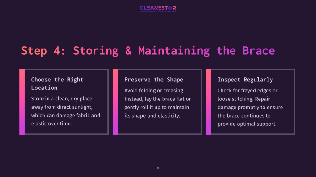 Three Pink And White Boxes On A Dark Purple Background, Featuring Tips For Storing And Maintaining A Neoprene Knee Brace.