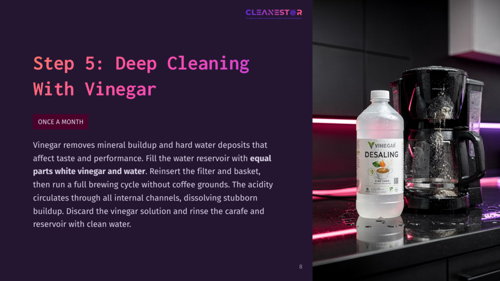 A Clear Bottle Of Vinegar Beside A Ninja Coffee Maker On A Dark Countertop, With Pink Lighting Highlighting The Scene.