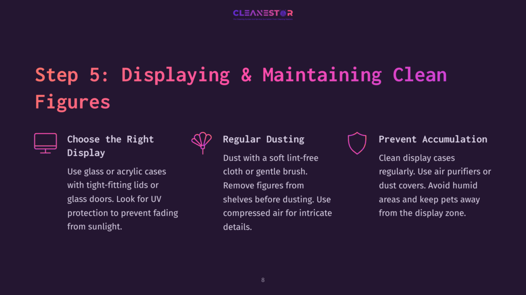 8 Step 5 Displaying And Maintaining Clean Figures Step 5 Instructions On Displaying Clean Figures, Featuring A Purple Background, White Text, And Icons For Dusting And Maintenance Tips.
