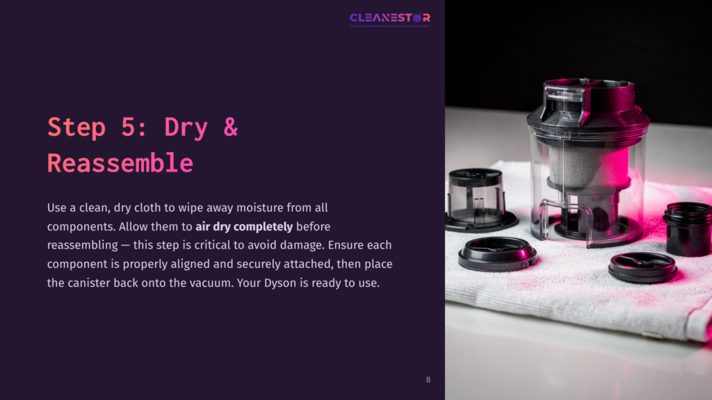 Clean, Assembled Dyson Components On A Dark Surface, With A Teal And Pink Gradient Background, Alongside A Step Instruction Highlighted.