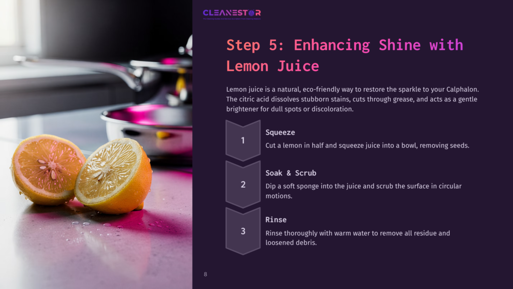 A Halved Lemon Beside A Whole Lemon On A Dark Surface, With Text Instructions For Cleaning And Enhancing Shine Using Lemon Juice.