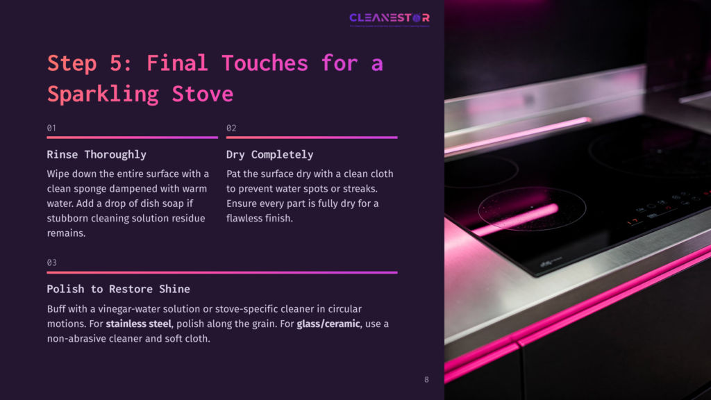 8 Step 5 Final Touches For A Sparkling Stove The Image Displays A Modern Induction Stovetop With Glowing Pink Led Accent Lighting. Text Overlays Describe The Final Steps For Cleaning A Sparkling Stove: Rinsing Thoroughly, Drying Completely, And Polishing With A Cleaner.
