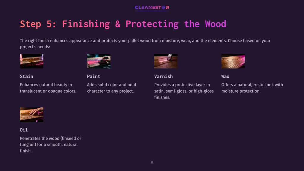 Visual Guide With Four Sections Detailing Finishing Options For Pallet Wood: Stain, Paint, Varnish, And Oil, Each With Descriptions And Images.