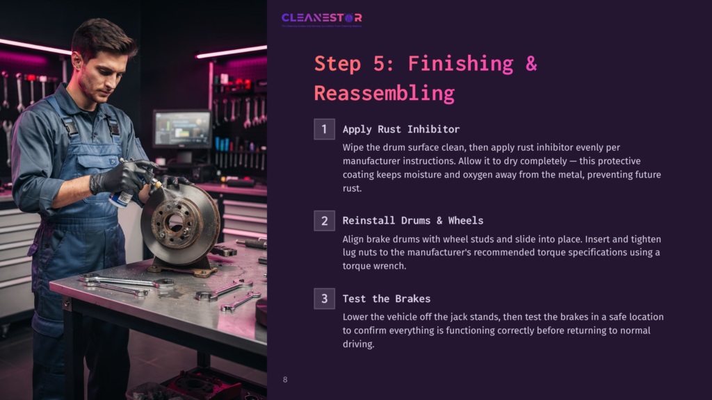 Mechanic Applying Rust Inhibitor To A Car Brake Rotor On A Workbench, With Tools And A Cleanestor Logo Visible. Step 5: Finishing &Amp; Reassembling.