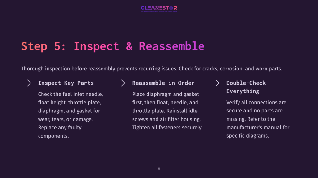 Diagram With Steps For Inspecting And Reassembling A Leaf Blower Carburetor, Featuring Arrows, Text In Purple, And Clear Layout For Guidance.