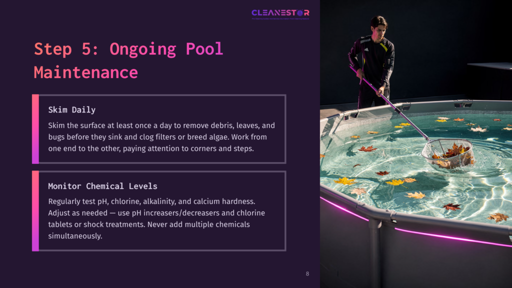 A Person Skims Leaves From The Surface Of A Drained Above-Ground Pool Using A Net, With Text On Maintenance Tips In A Dark Layout.