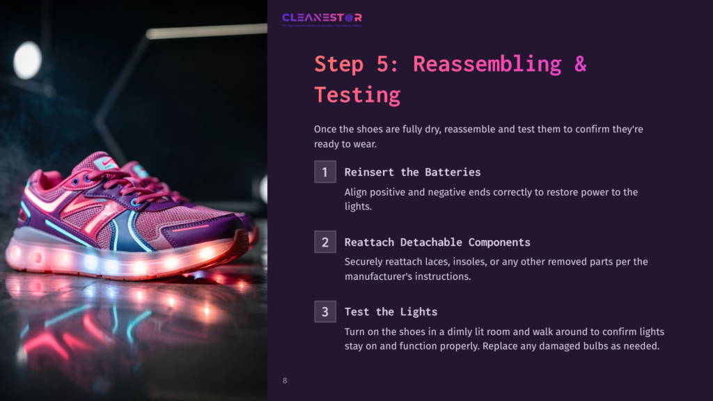 Purple Light-Up Shoes With Glowing Soles Are Displayed Alongside Text Instructions For Reassembling And Testing.