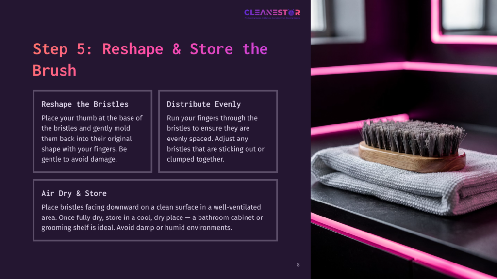 A Wooden-Handled Cleaning Brush With Dark Bristles Rests On A Folded Gray Towel, With Bright Pink Neon Lights Illuminating The Background. The Image Is Part Of A Guide Titled &Quot;Step 5: Reshape &Amp; Store The Brush.