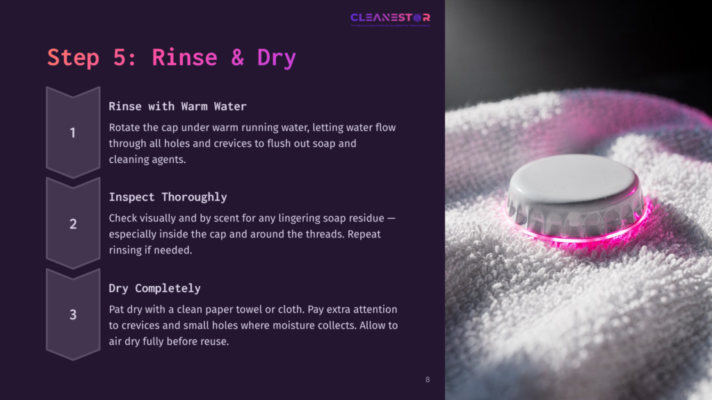 A Gatorade Squeeze Bottle Cap On A White Towel, With A Glowing Pink Light Highlighting Its Edges, Next To Cleaning Instructions.