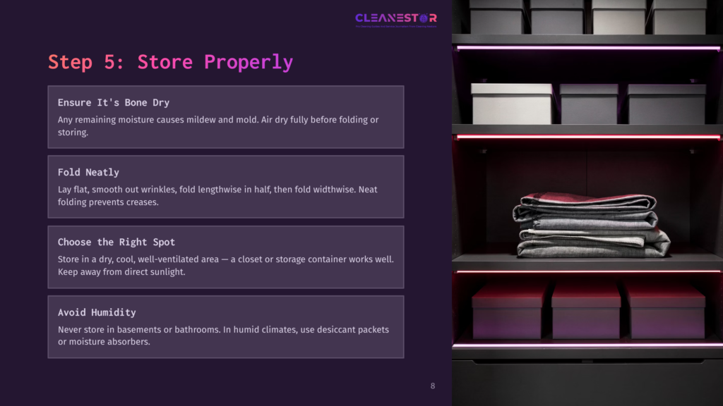 Step 5: Store Properly - A Closet With Neatly Folded Clothes And Storage Boxes, Featuring The Text &Quot;Cleanestor&Quot;.