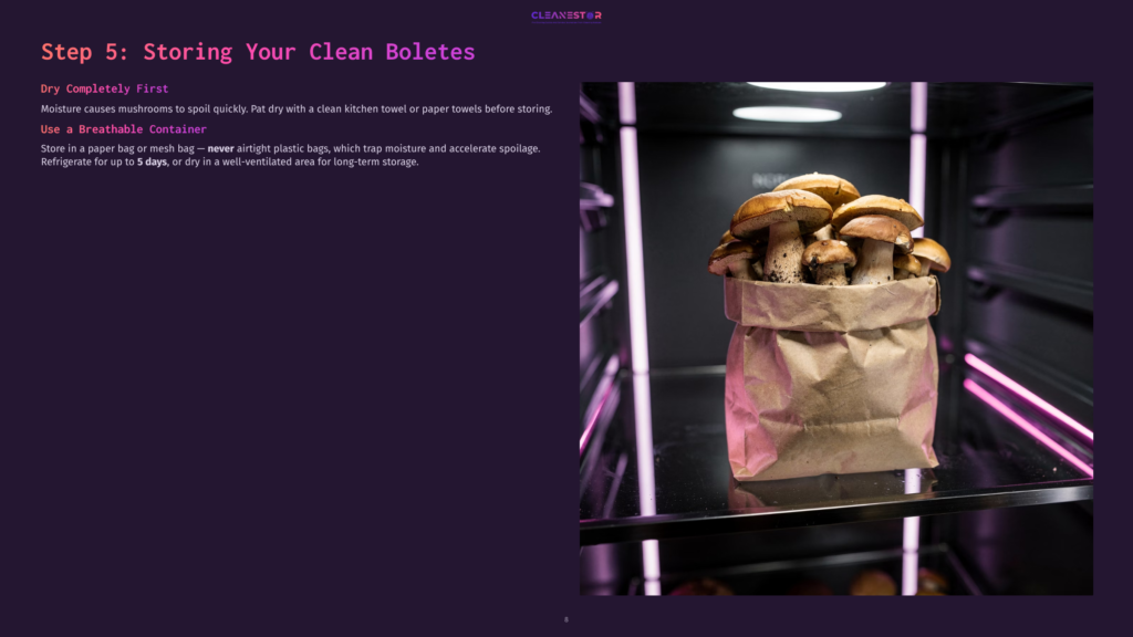 Freshly Picked Bolete Mushrooms Are Stored In A Brown Paper Bag Inside A Refrigerator With Pink Led Lighting, Illustrating Proper Mushroom Storage.