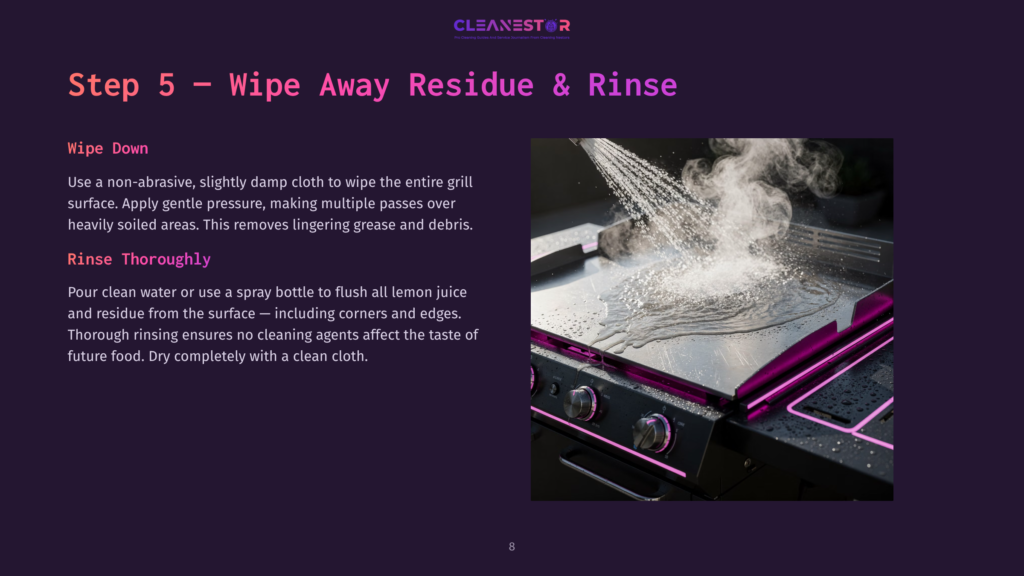 A Flat-Top Grill Being Cleaned With A Damp Cloth, Water Splashing, And A Spray Bottle Nearby On A Dark Purple Background.