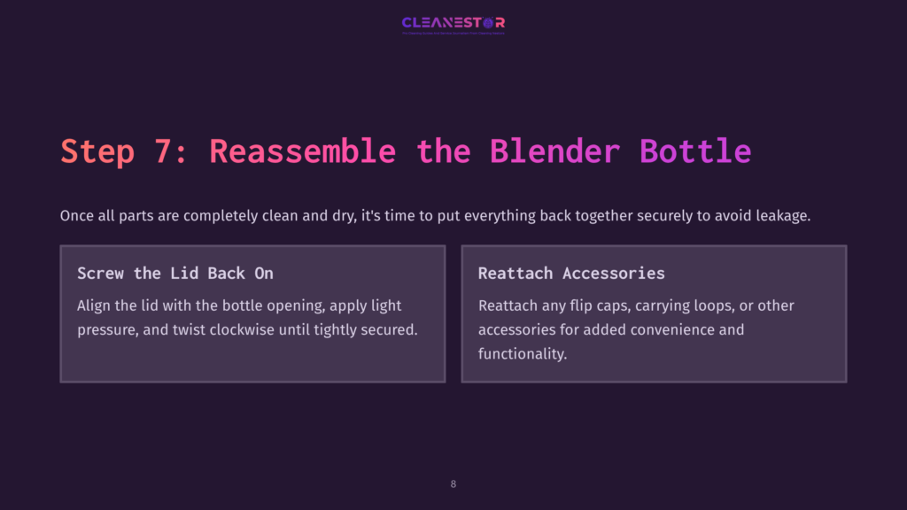 Step-By-Step Guide On Reassembling A Blender Bottle, Featuring Text Boxes On A Dark Background With Instructions In Pink And White Font.