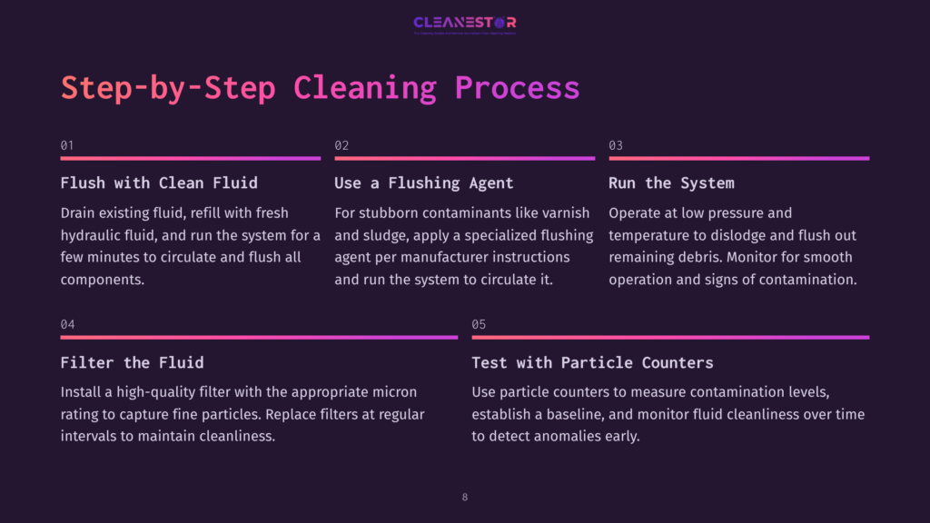 8 Step By Step Cleaning Process 1 Step-By-Step Cleaning Process Graphic: 1. Flush With Clean Fluid. 2. Use A Flushing Agent. 3. Run The System. 4. Filter The Fluid. 5. Test With Particle Counters.
