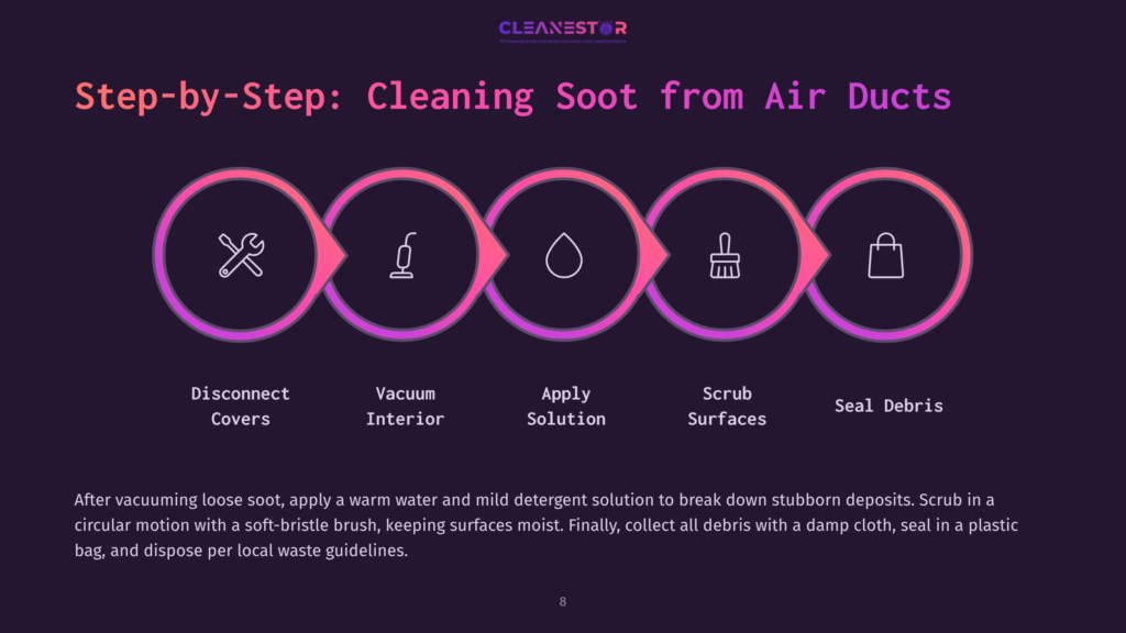 Illustration Of A Step-By-Step Process For Cleaning Soot, Featuring Icons For Disconnecting Covers, Vacuuming, Applying Solution, Scrubbing, And Sealing.